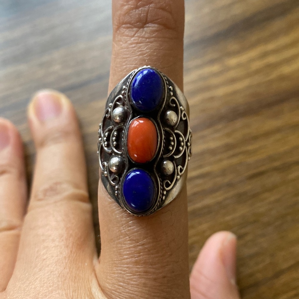 925 Silver Ring with lapis and coral size 7